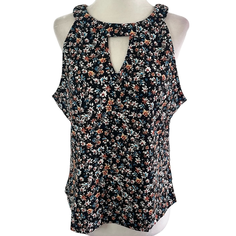 New The General Good Floral Print Mesh Keyhole Halter Tank Top Black Multi XL